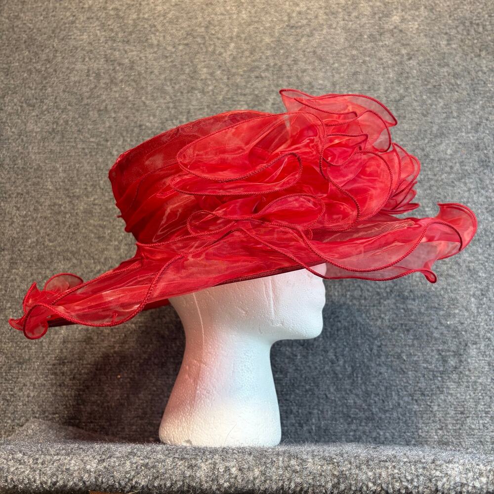 Forbusite Red Organza Wide Brim Kentucky Derby Hat Tea Party Church Wedding Cap